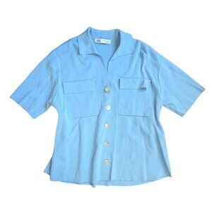 Zara Baby Blue Clean Girl Oversized Button up short sleeve sweater top Size M